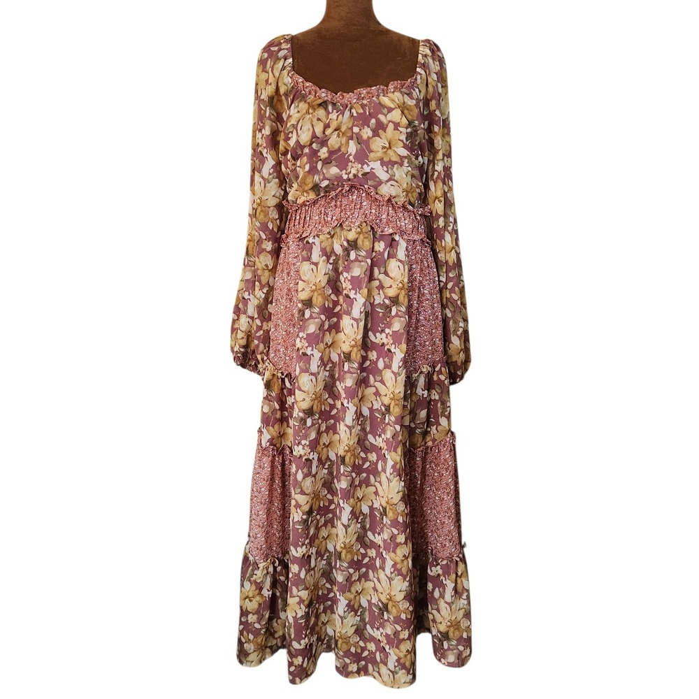 &Merci Dress Size L Patchwork Floral Long Sleeve Bohemian Lightweight Lined‎